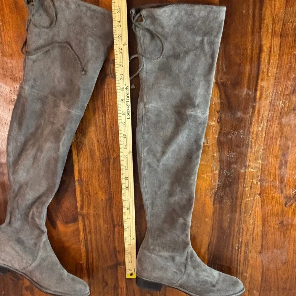 Stuart Weitzman Lowland Grey Suede Over The‎ Knee Tie Back Boots Size 9M Spain